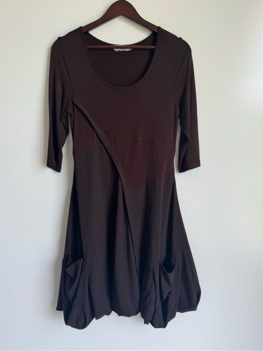 DZHAVAEL Couture Brown Bubble Hem Dress Women Medium 3/4 Sleeve Artsy‎ Lagenlook